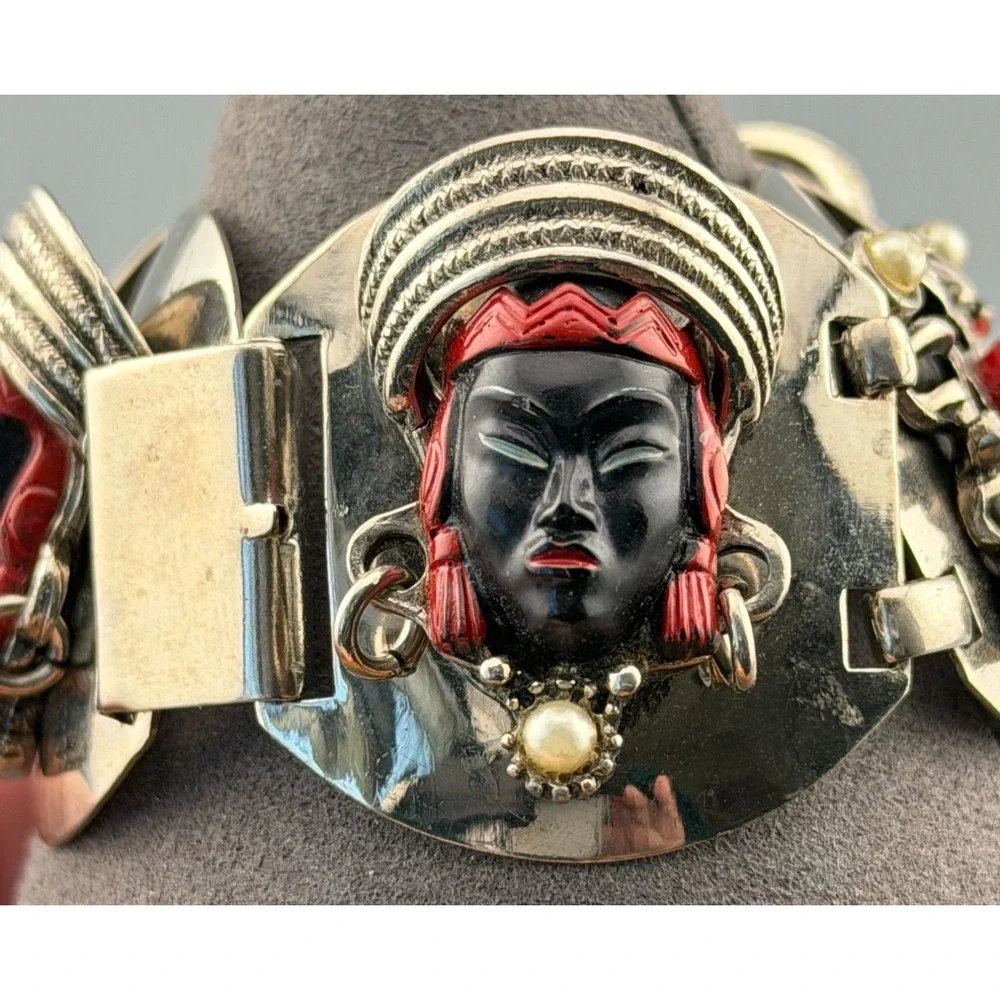 Vintage Mask Link Bracelet Silver Tone Black Face Mask Statement Boho 7.5
